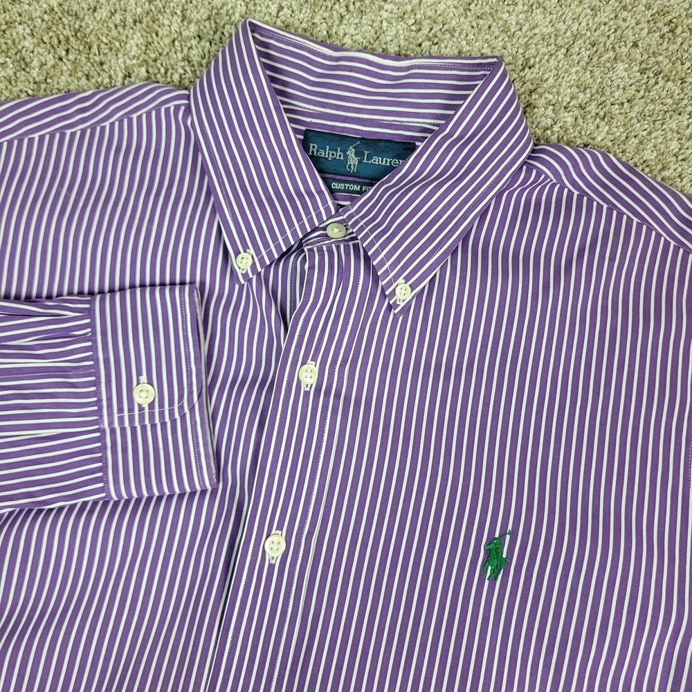Ralph Lauren Custom Fit Mens Large Purple White Striped Pony Button Down LS